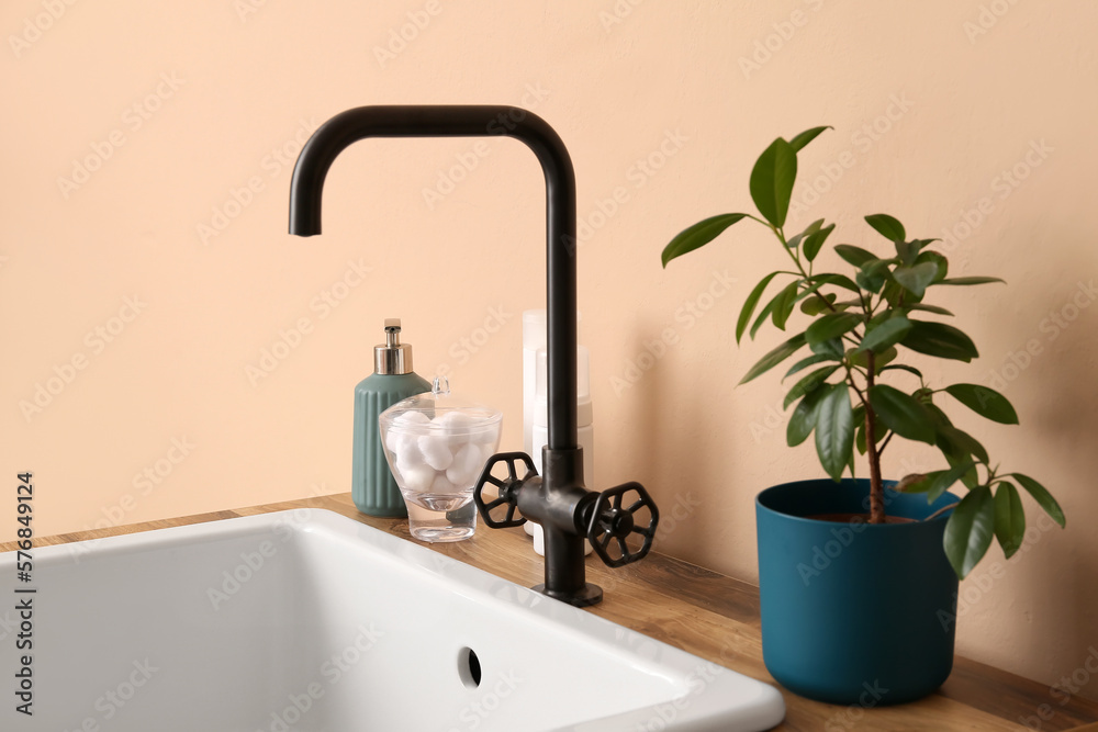 Table with sink, bath accessories and houseplant near beige wall