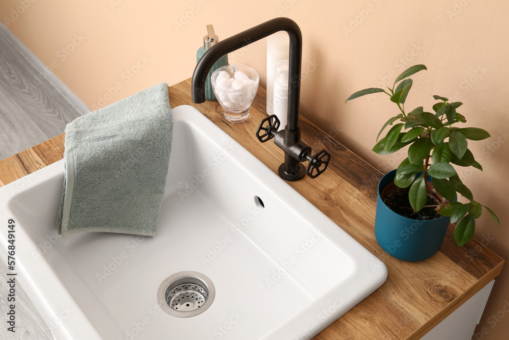 Table with sink, bath accessories and houseplant near beige wall