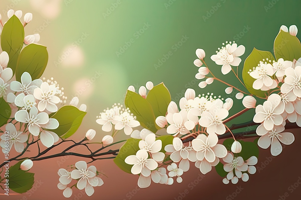 Beautiful white blossoming branches form a spring border background. Blooming beautiful flowers agai