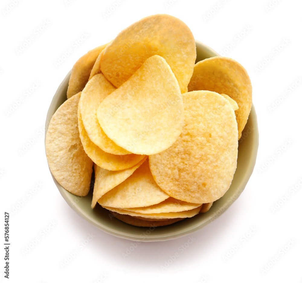 Bowl with delicious potato chips isolated on white background