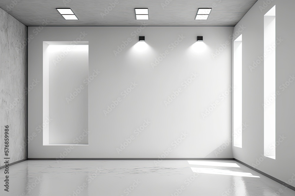 Abstract white concrete wall with side lights, used as a backdrop for an interior design concept. Ge