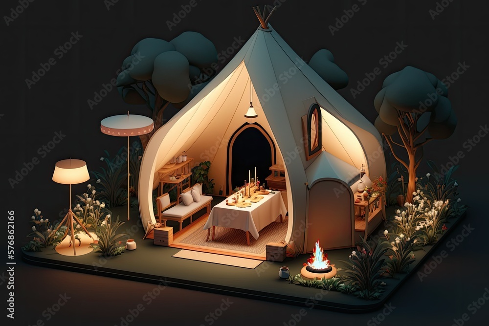 At night, the interior of an open glamping tent glows warmly. The ultimate summertime outdoor getawa