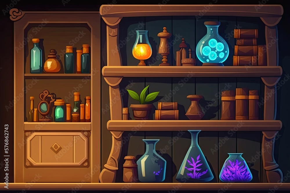 a shelf in the second scene of an alchemy lab. Generative AI