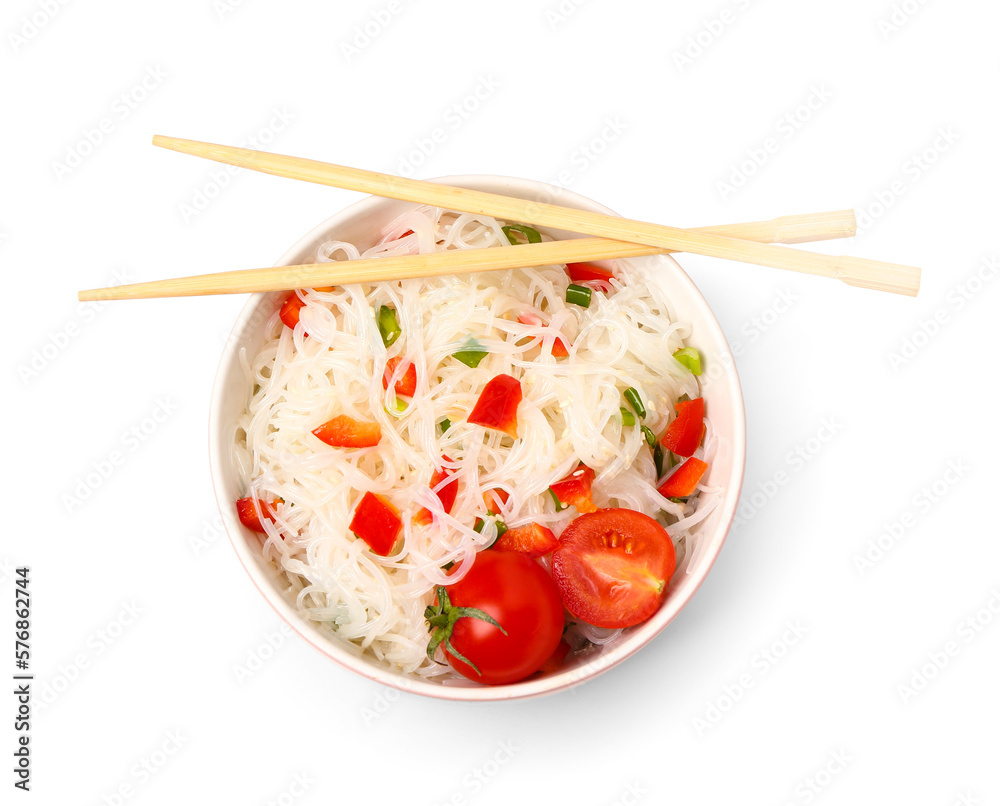 Bowl of tasty rice noodles with vegetables on white background