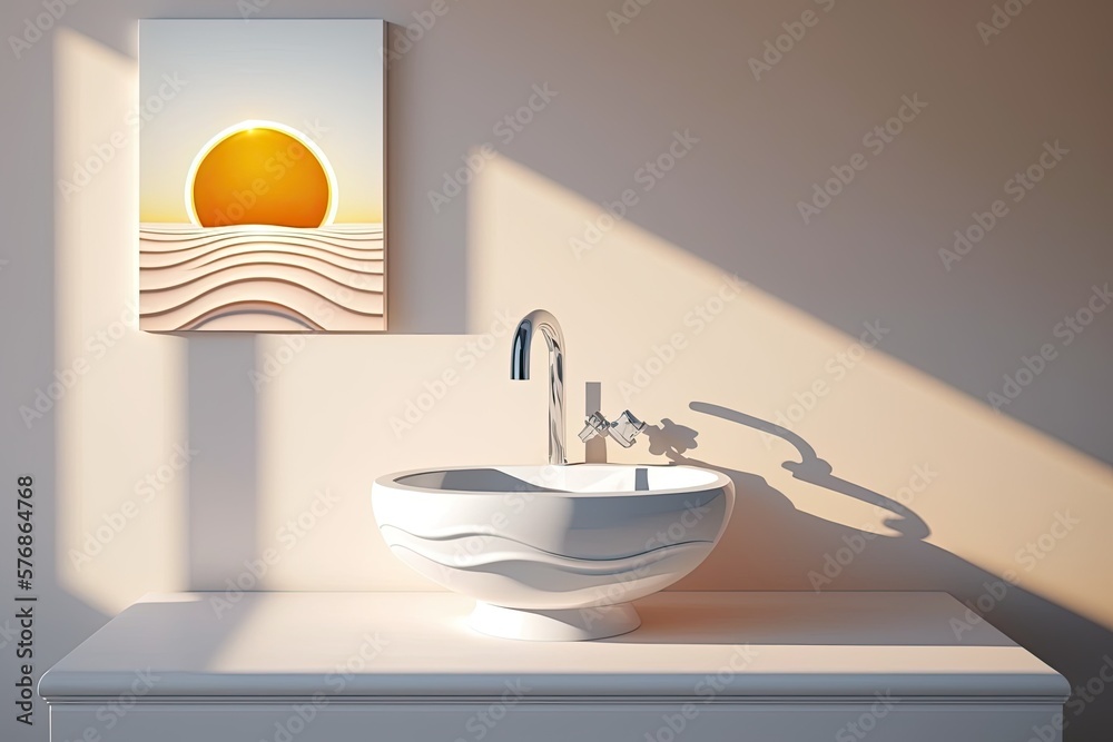 sunshine and shadow fall over a porcelain sink and a contemporary style faucet on a white vanity cou