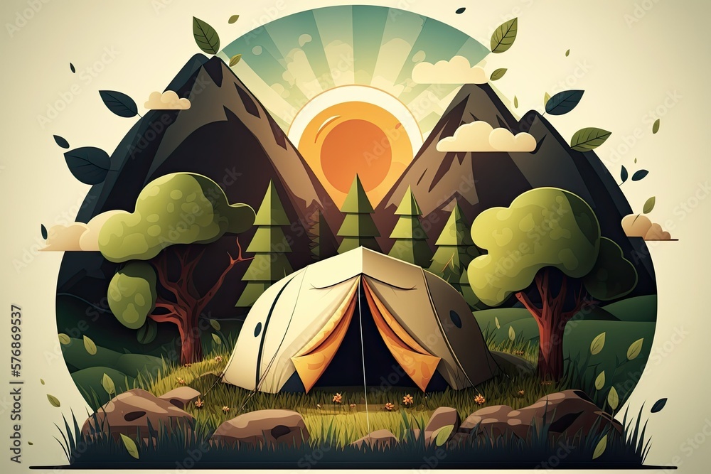 Tent in the woods with mushrooms and grass, a mountain in the background, and a bright sun. Generati