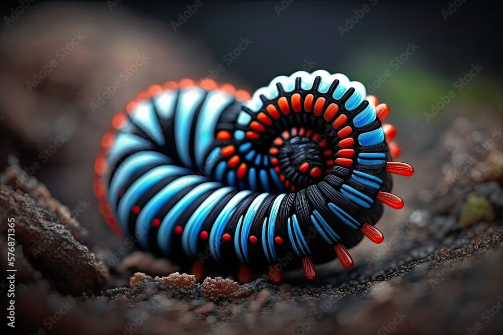 Selective focus and close up on a millipede in the wild. Generative AI