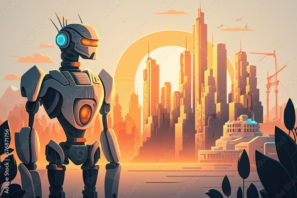 Robotic Process Automation with a futuristic cityscape background. Generative AI