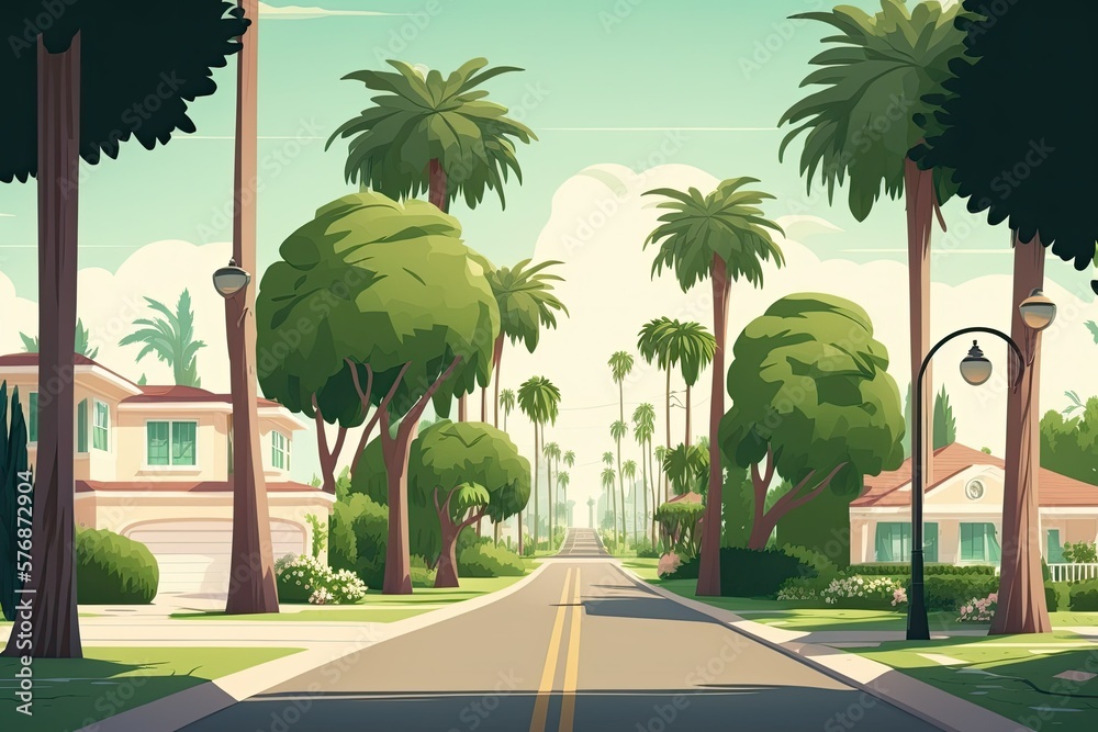 There are palm trees swaying down a residential street. Generative AI