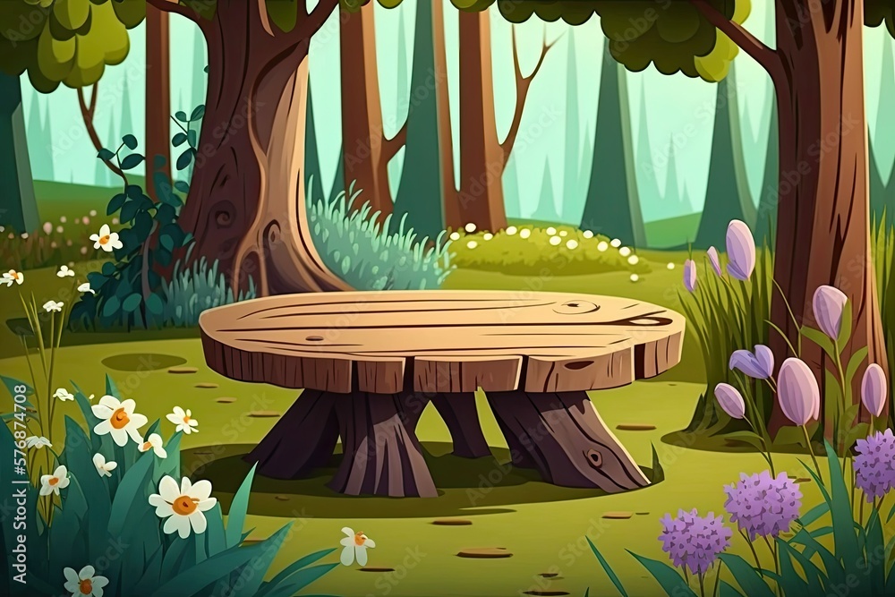 Scene of a wooden table with flowers in a spring forest. Putting Products on Display. Generative AI