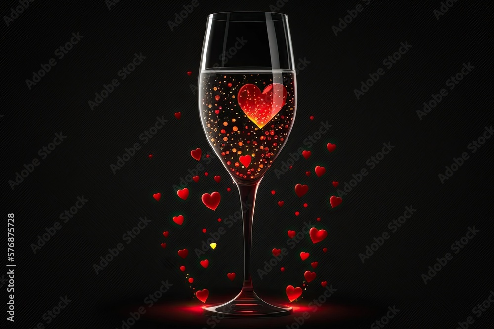 Valentines Day champagne with red bokeh and hearts on a black background. Generative AI