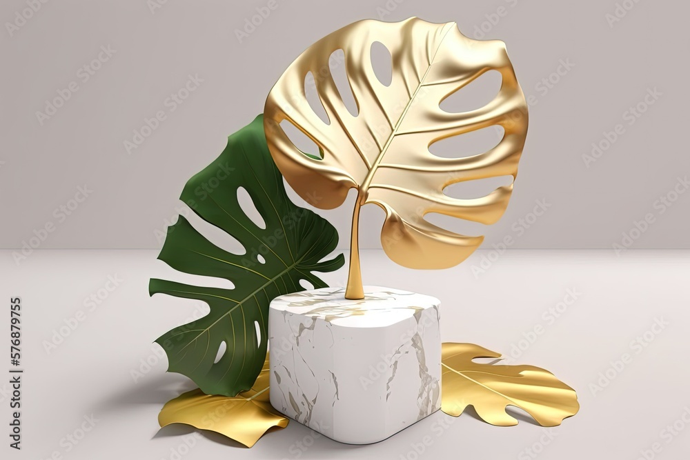 Monstera leaf perched atop a white pedestal made of stone, holding cosmetics. Generative AI