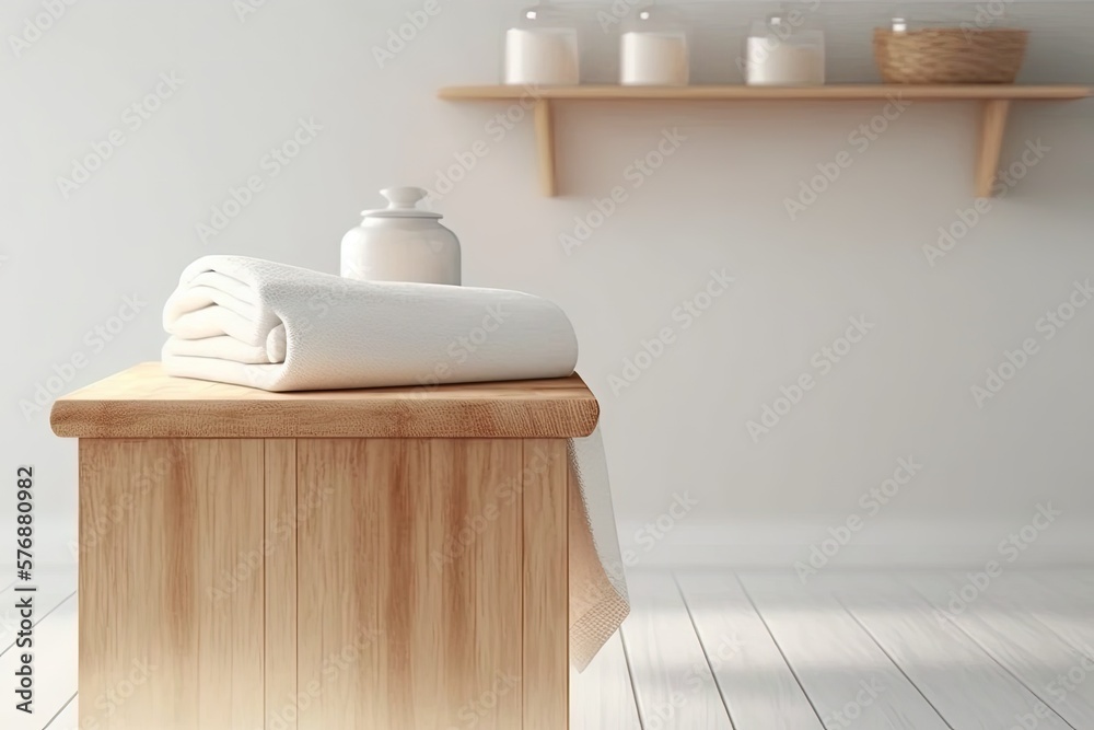 A wooden table draped with a spa towel sits on a hazy shelf in a bathroom. Generative AI