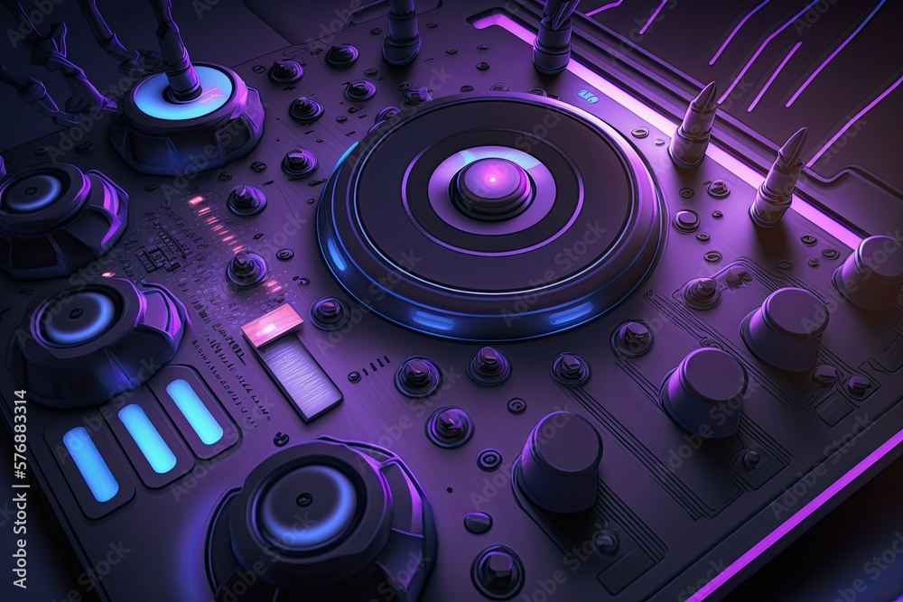 A professional DJ controller bathed in purple light, captured in close up. Generative AI