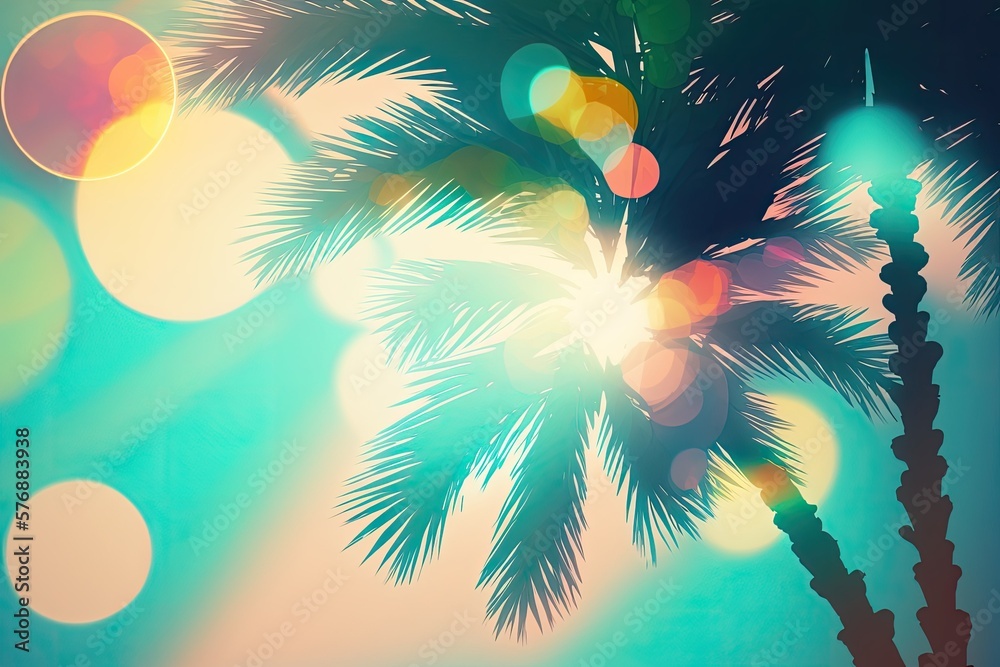 Light from the setting sun illuminates a tropical palm tree, creating a colorful bokeh effect agains