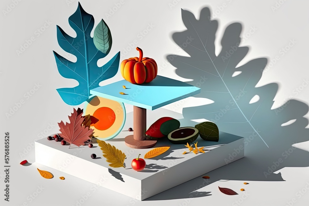 Showcase of Goods on a white background, a podium casts a shadow of leaves from nature. Generative A