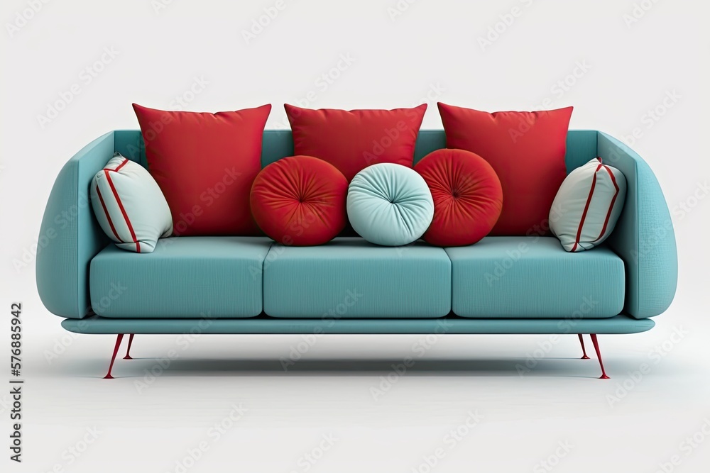 Isolated on a white background, a red fabric sofa supported by brushed metal legs and topped with pi