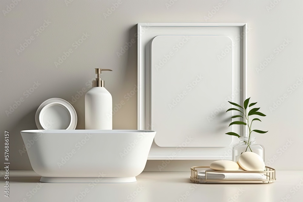 Modern beige bathroom with a white porcelain tub and toilet serves as a blank white wooden tray tabl