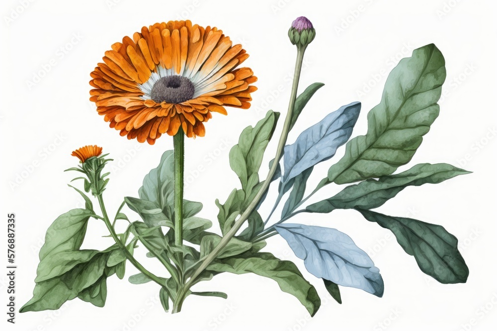 Watercolor painting of a calendula flower isolated on white. Orange blossoms on a branch. A plant us