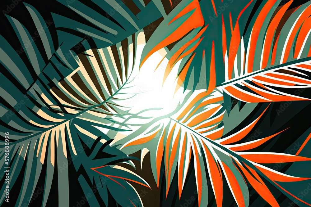 An abstract pattern of dark green palm leaves illuminated by an orange sunburst. Horizontal, horizon