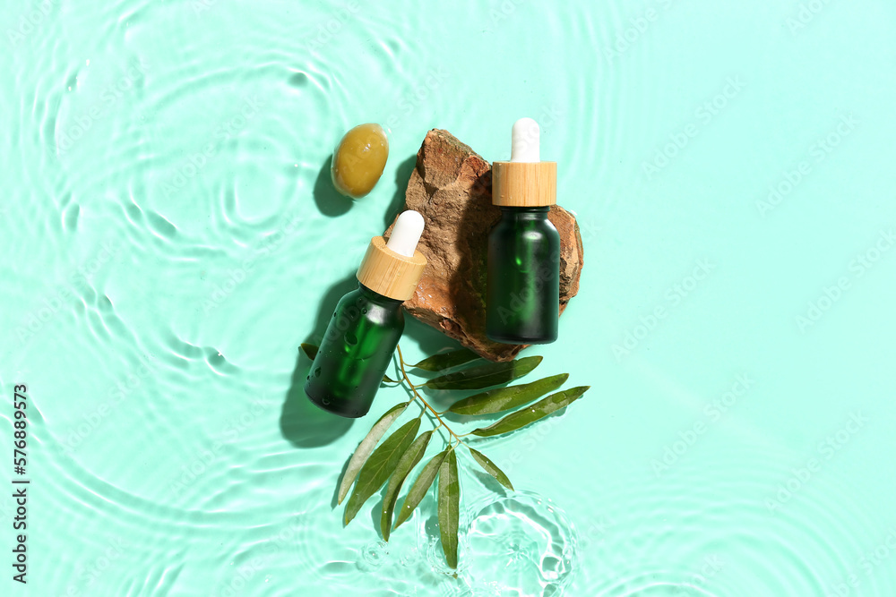 Bottles of essential olive oil, plant branch and stone in water on color background