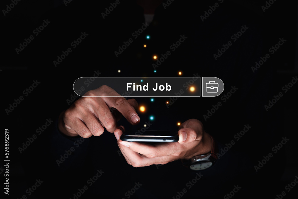 Businessman using smartphone Find job information, Job search and recruitment concept.