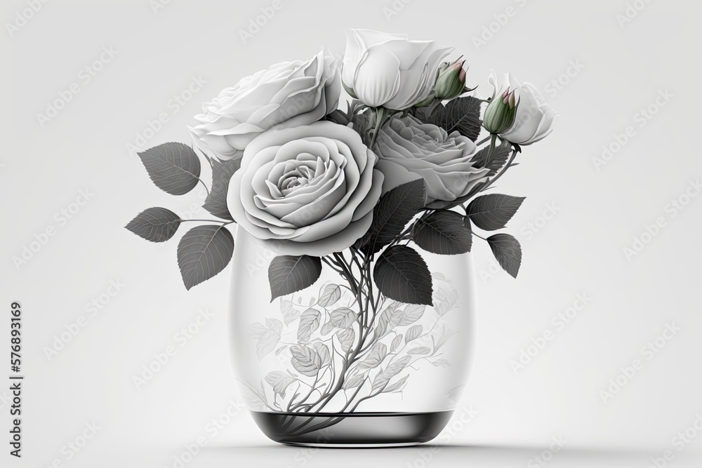 Roses in a vase, white background. Generative AI