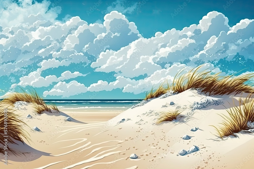 Springtime beach with snow on the swollen sand dunes. Generative AI