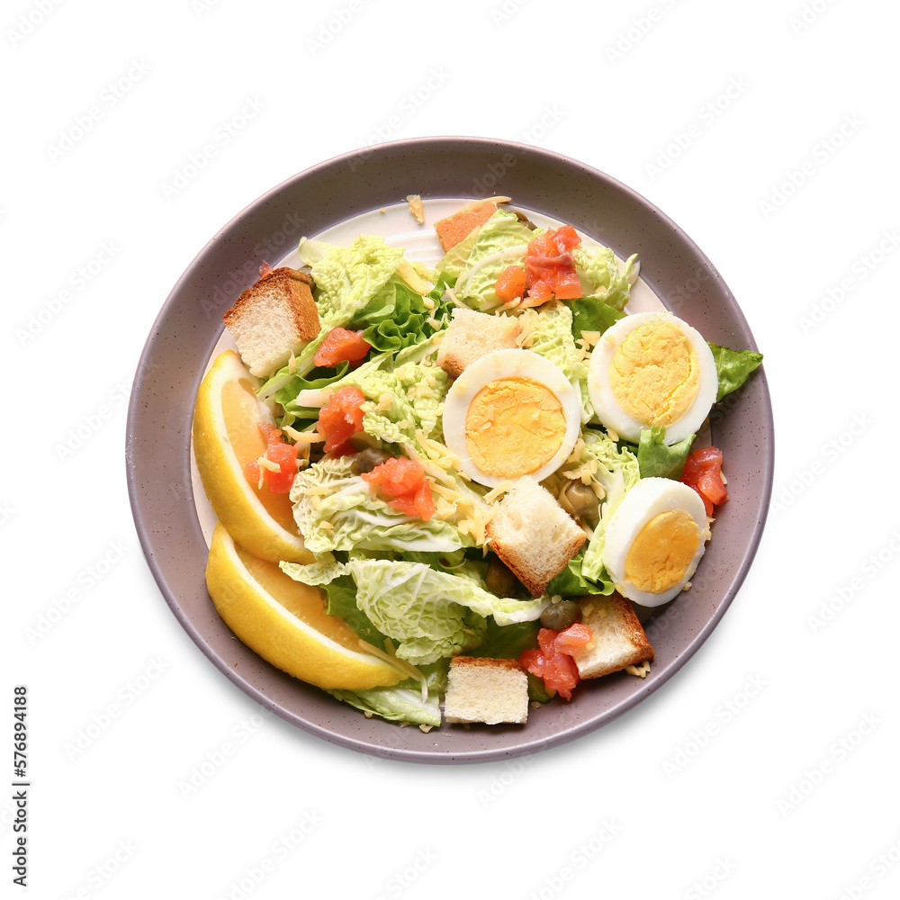 Plate of delicious salad with boiled eggs and salmon isolated on white background