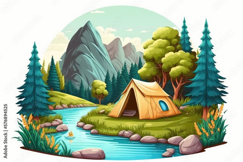 Camping along a mountain river with a tent. Generative AI