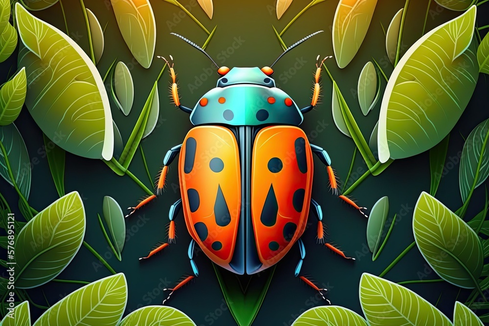 Little orange beetle bug up close and personal on green leaves. Generative AI