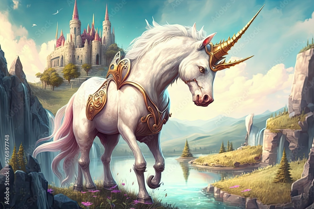 Unicorns only exist in fairy tales. The stunning unicorn is seen here in this fantasy landscape acti