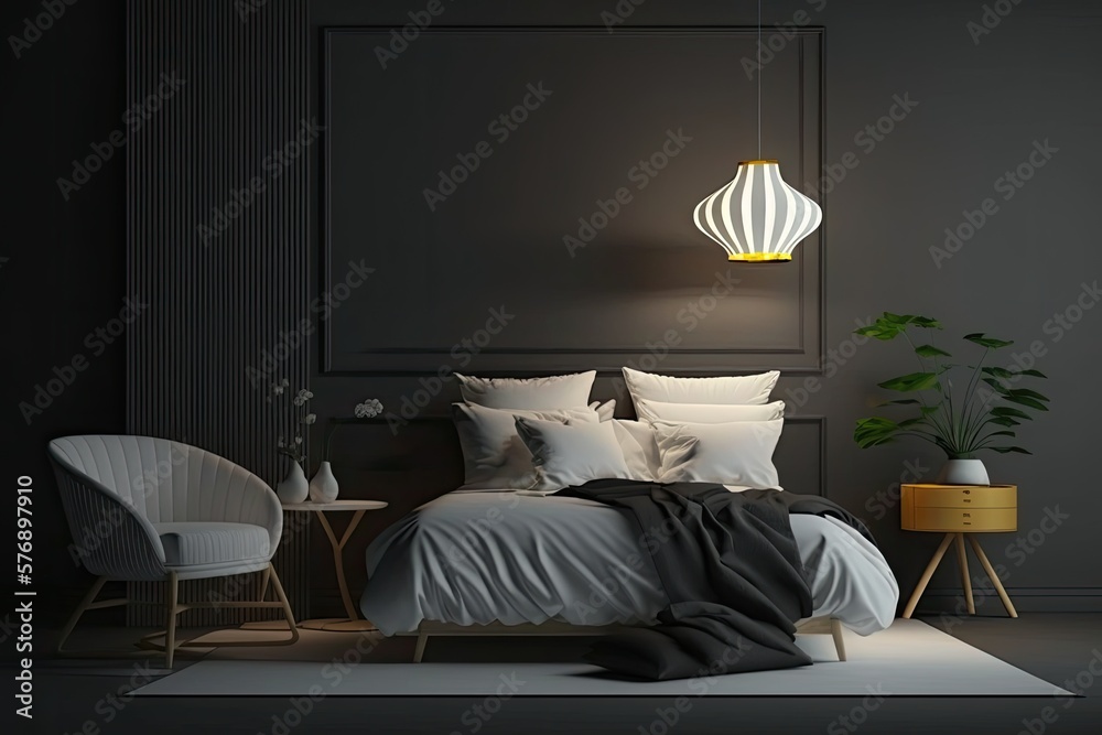 Mockup of a Scandinavian style bedroom in the dark. The bed is made of wood and sits against a blank