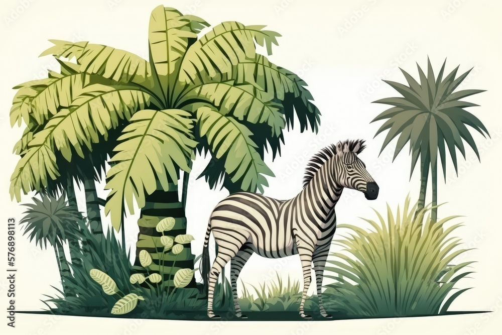 Lovely vintage tropical illustration with palm trees, banana trees, and a zebra. In a solitary setti