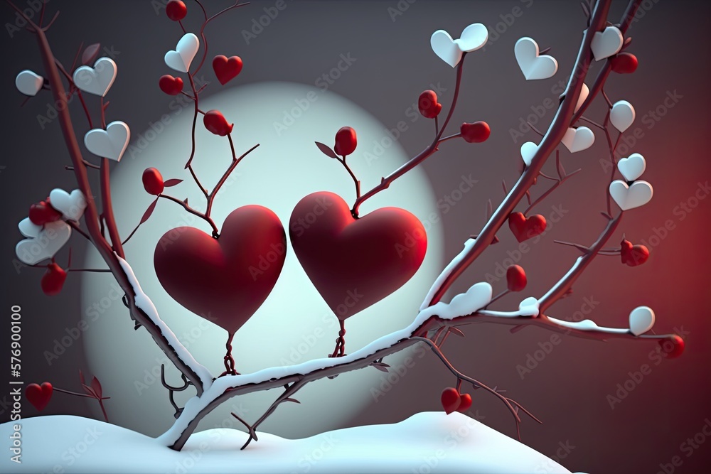 Wintertime red hearts on a snowy branch. Holidays. Sending warm wishes for a day dedicated to love. 