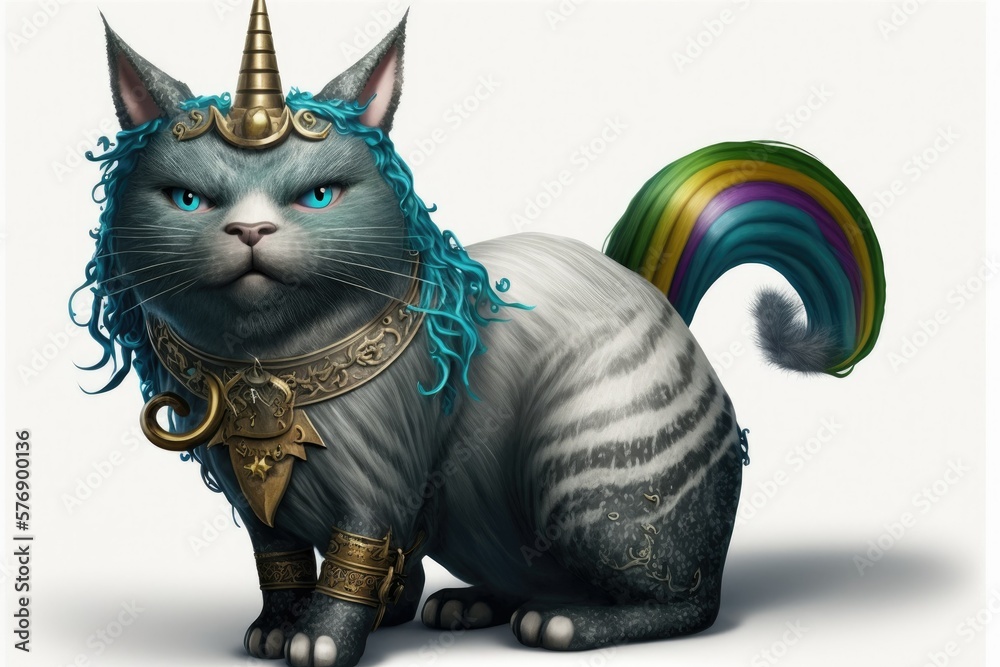 An enormous, presumably British or Scottish gray cat dressed as a unicorn and sporting a rainbow hor