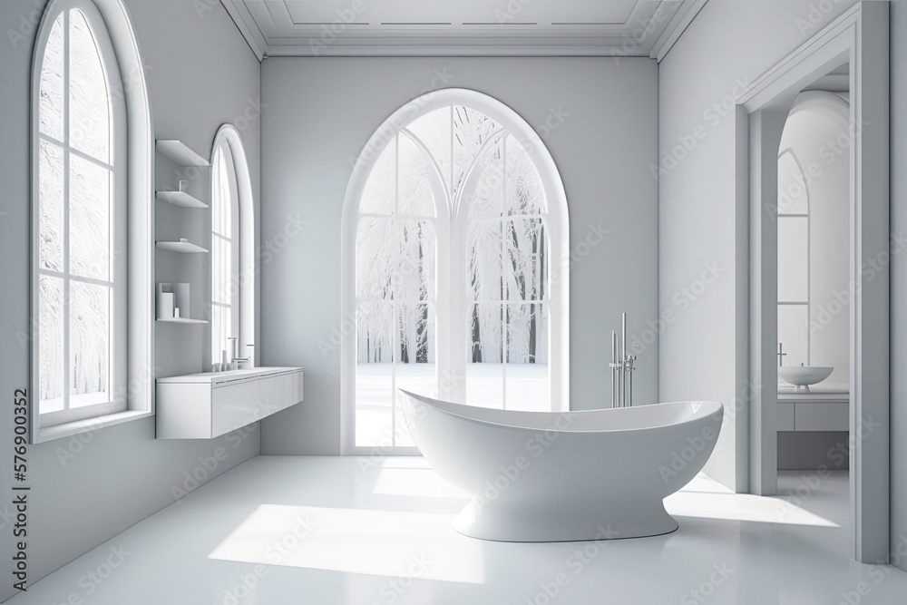 A white, up to date bathroom with a tub and a window. Generative AI