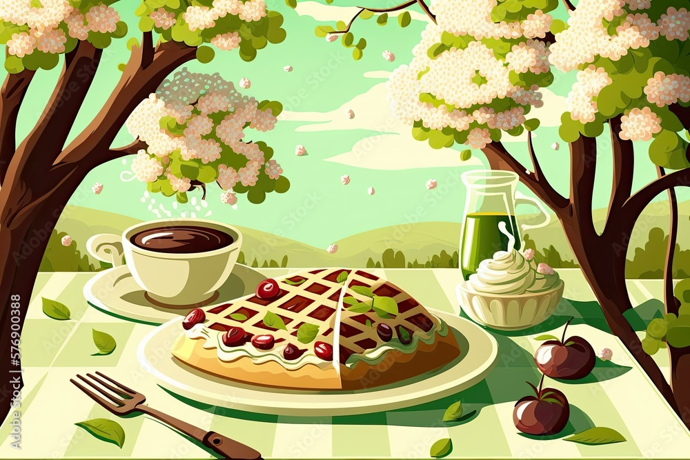 Waffles, tea, and a lovely spring day under the blossoming cherry trees of a picnic table spread out