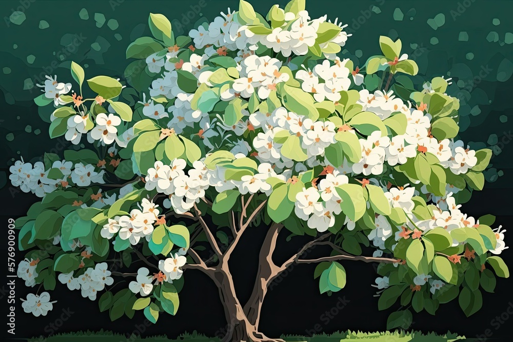 Apple tree in full bloom in the backyard. White blossoms up close on a tree. Generative AI