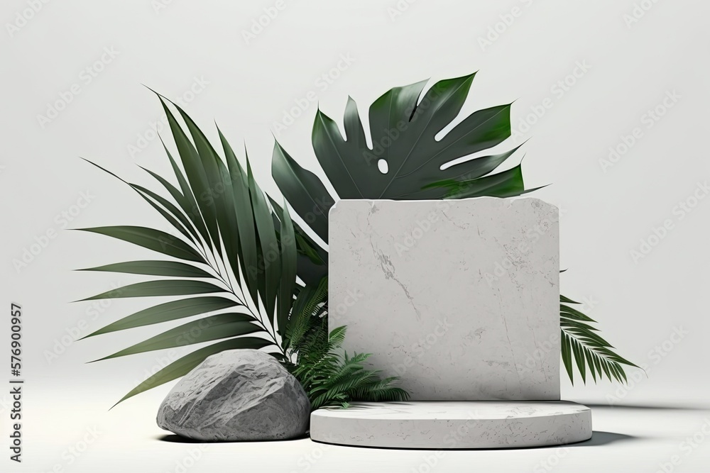 Isolated Palm Leaves and Rock on an Empty Stone Podium Mockup. Generative AI