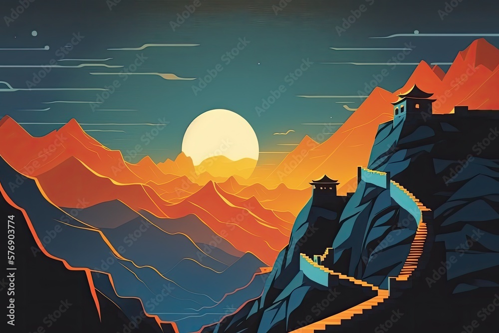 Sunrise above Chinas Great Wall. Generative AI