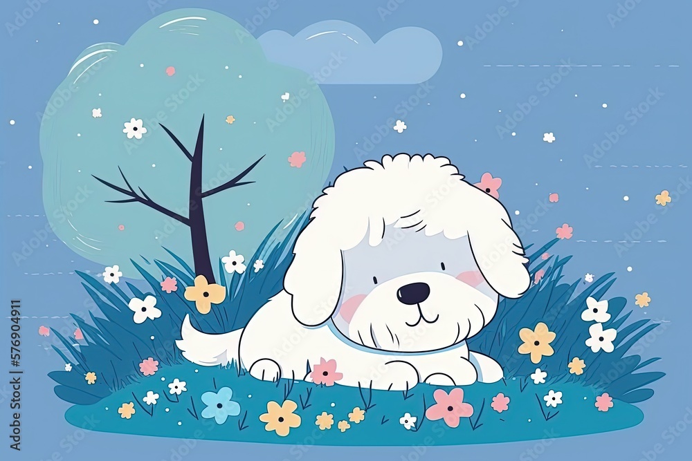 A little, adorable puppy lounging in the park with a few delicate blossoms nearby. Generative AI