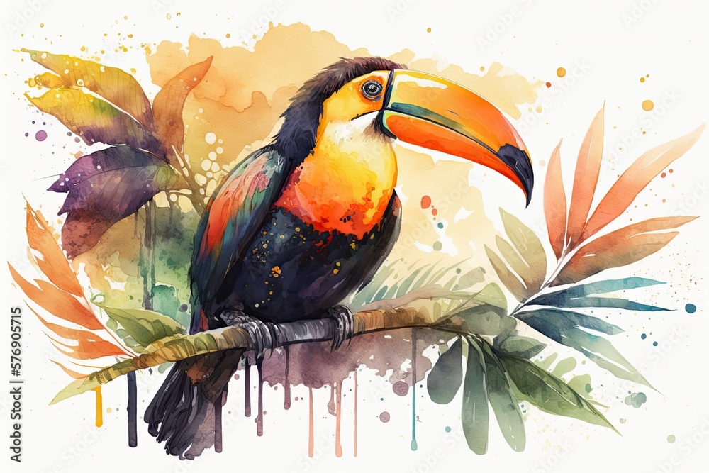 Bird of Paradise, Toucan, Watercolor Painting. Generative AI