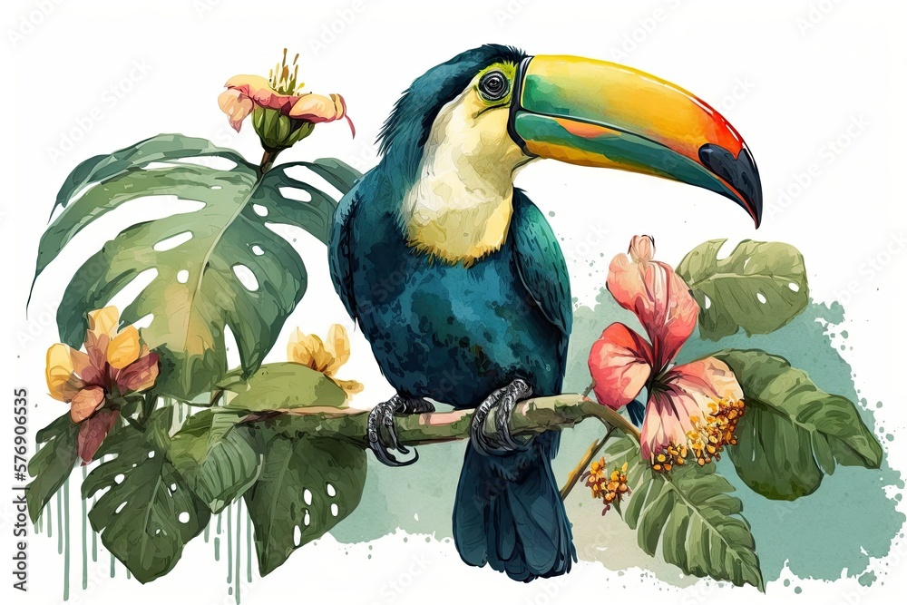 Illustration of a toucan holding a bunch of hibiscus blossoms. Painting in watercolour. Generative A