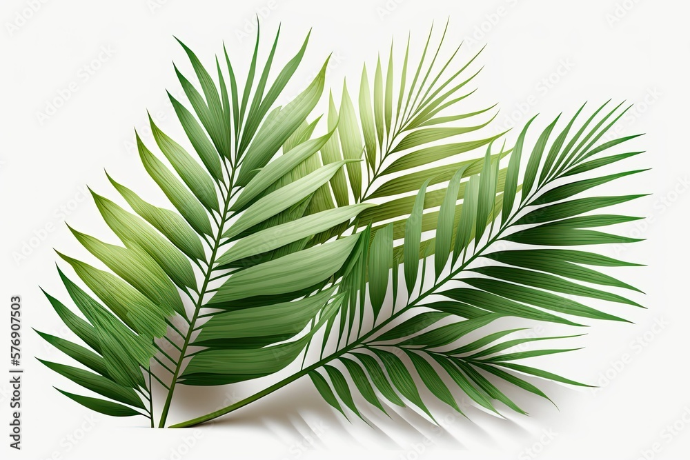 Coconut palm tree leaves on white background, summertime stock photo. Generative AI