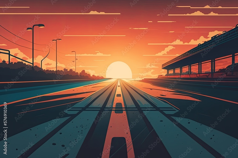 Illustration of a racetracks home stretch, a straight road under a hazy sunset sky. Generative AI