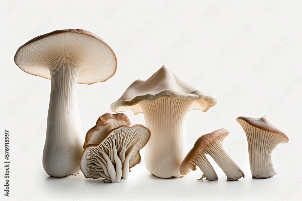 Various sized king oyster mushrooms on a white backdrop. Generative AI