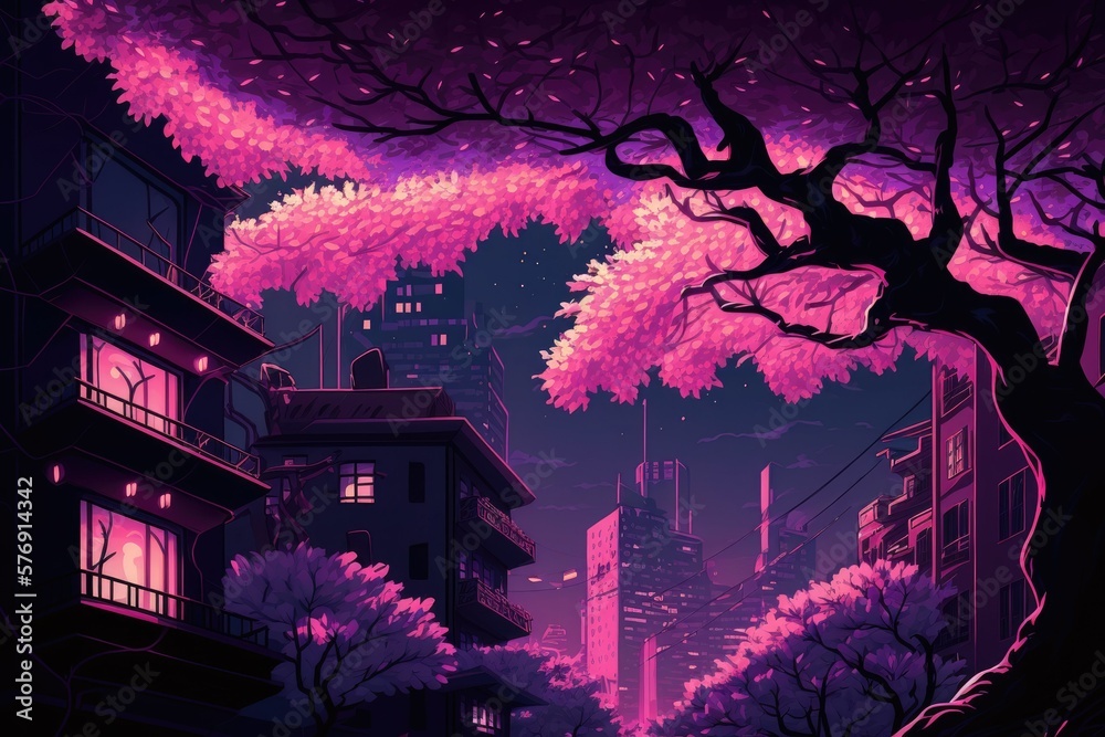 Fantasy Japanese cityscape at night with neon pink lights, apartment complexes, and a massive cherry