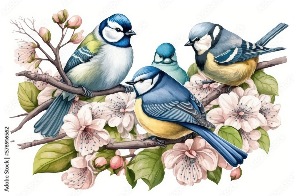 Small birds perched on a blossoming cherry tree branch. A blue titmouse (Parus caeruleus). During th