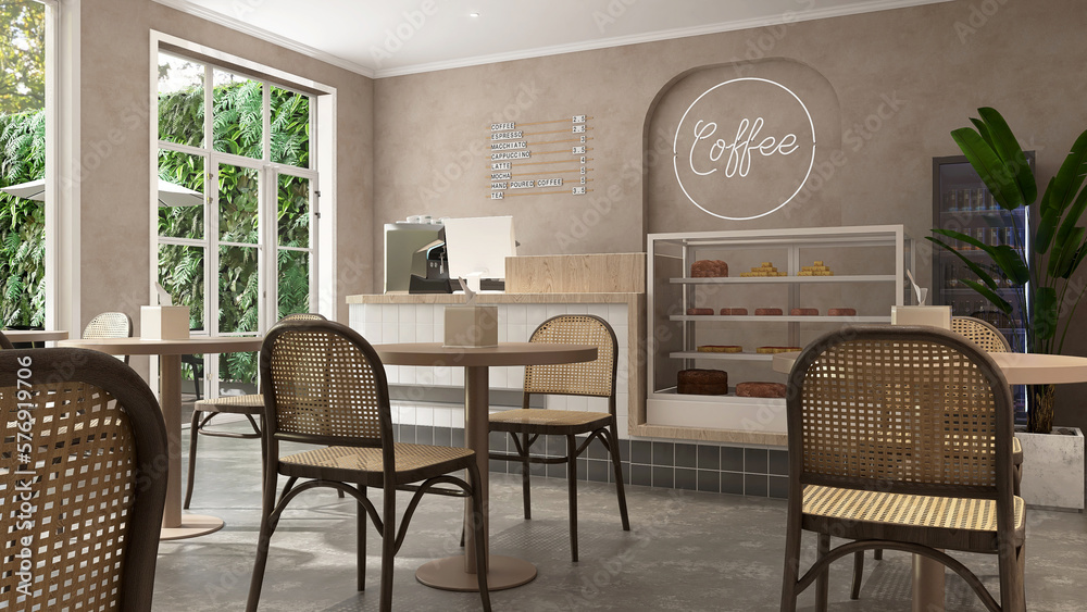 Modern, luxury tropical design cafe, counter, espresso machine, cake display fridge, rattan chair, c